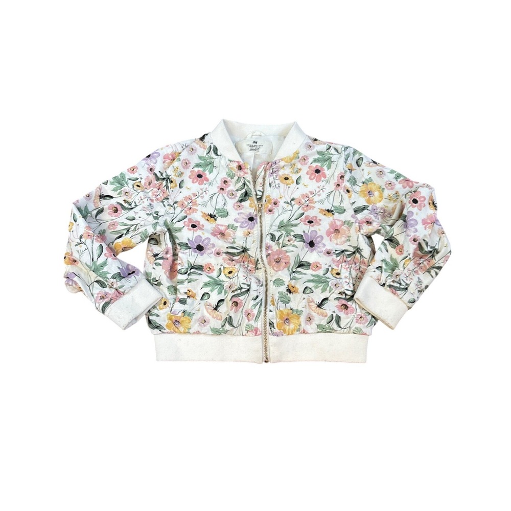 H&M Bomber Jacket Kids White Floral Print Zip Up Lightweight SIZE 5-6Y